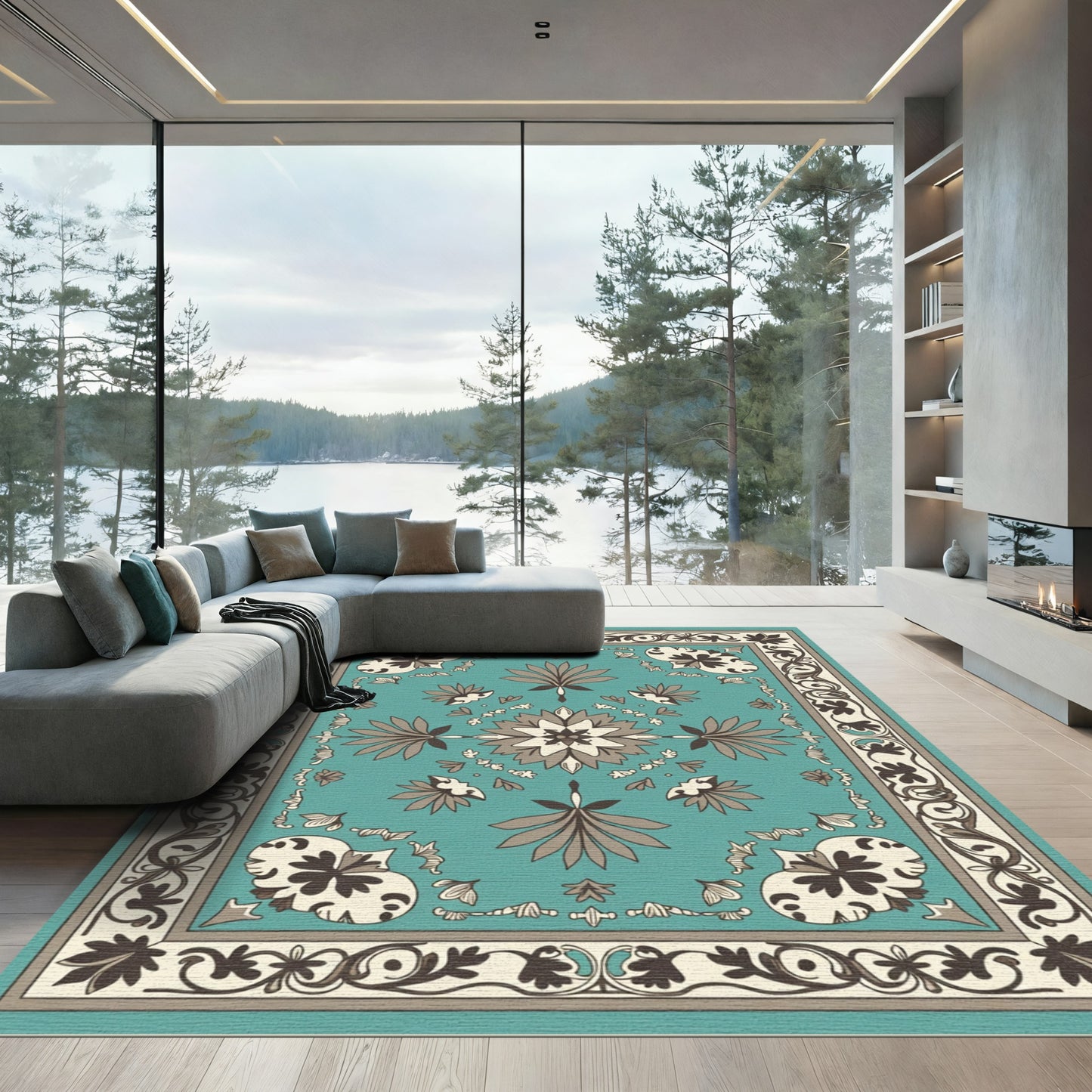 Aqua Bloom Border Accents Rug