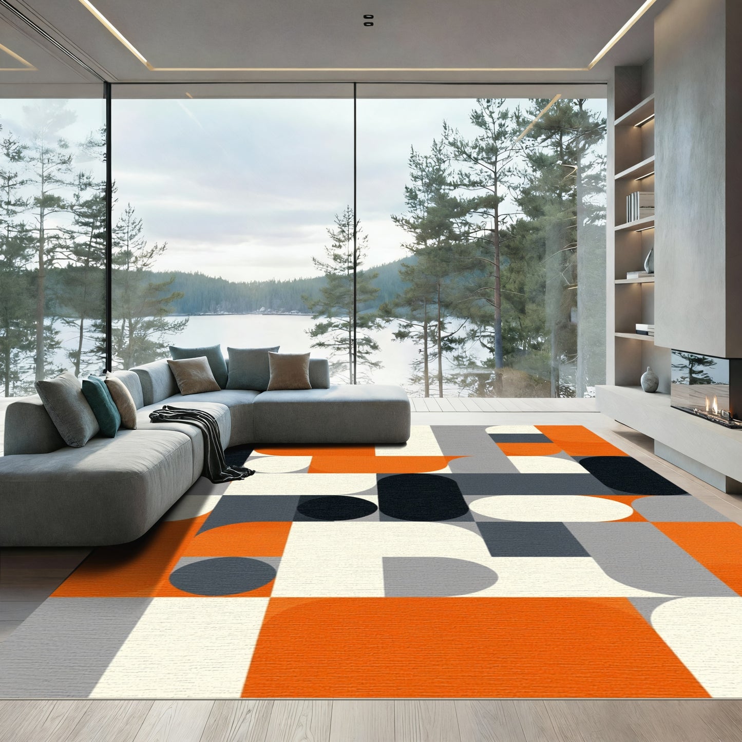 Modern Orange Black Geometric Abstraction Rug