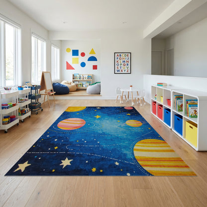 Whimsical Cosmic Striped Planets Stars Rug