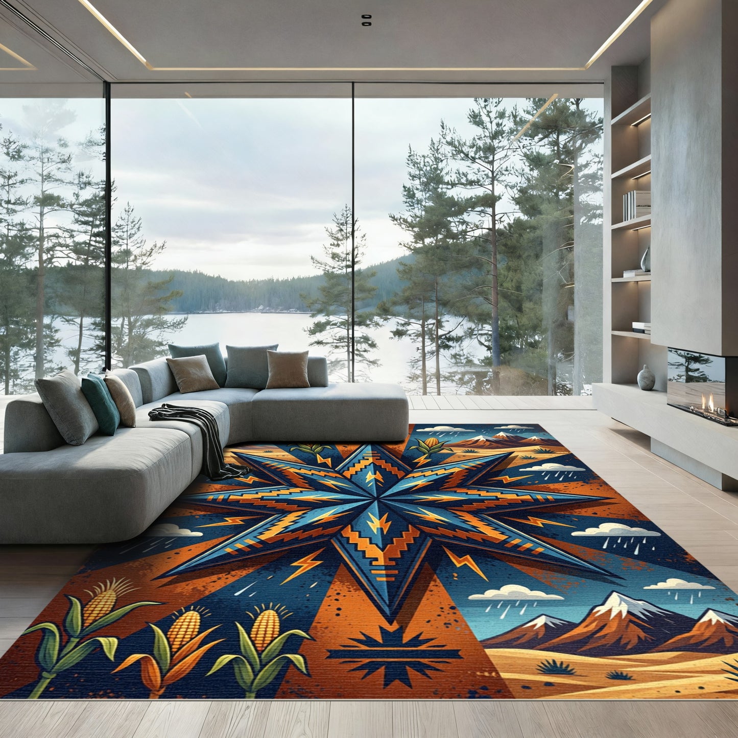 Southwestern Corn Star Geometric Copper Blue Rug