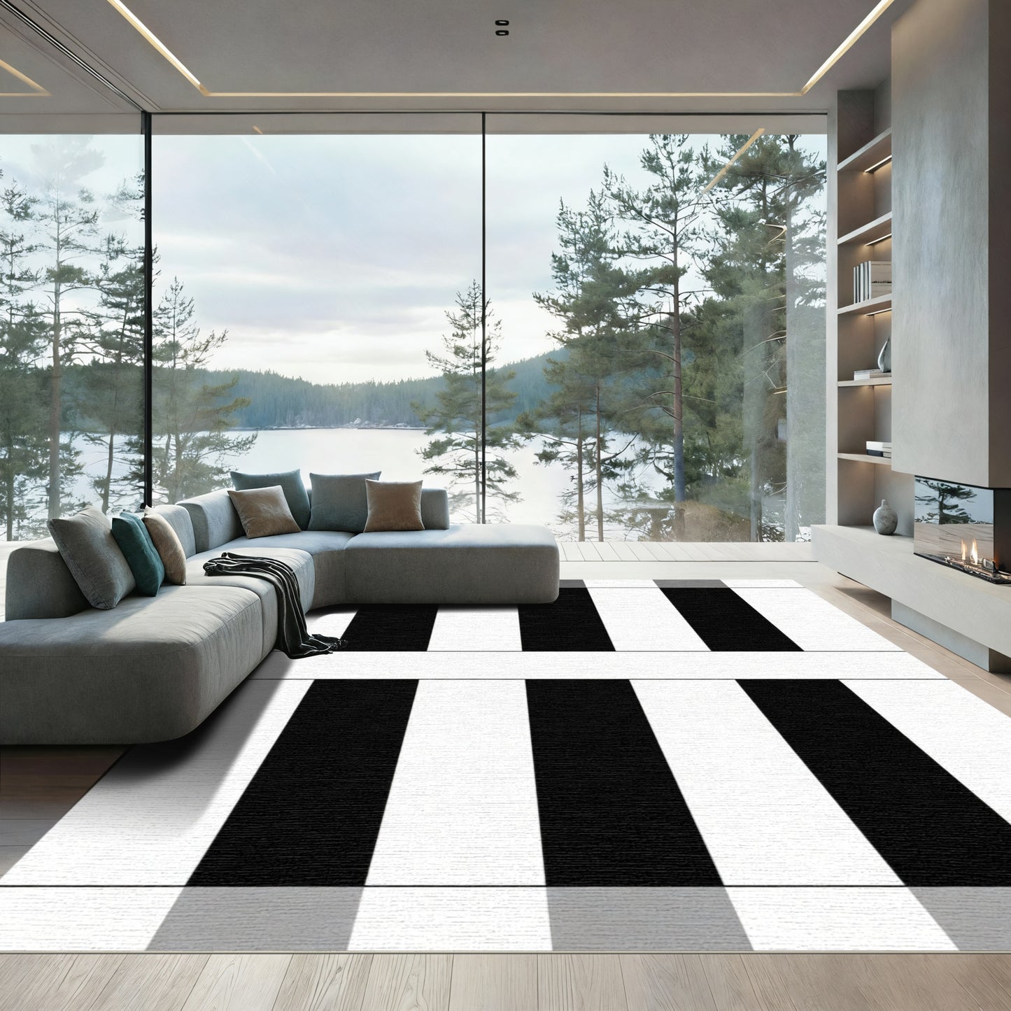 Tonal Black White Parallel Bars Rug