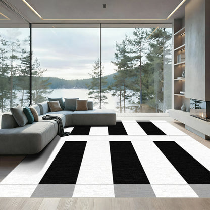 Tonal Black White Parallel Bars Rug