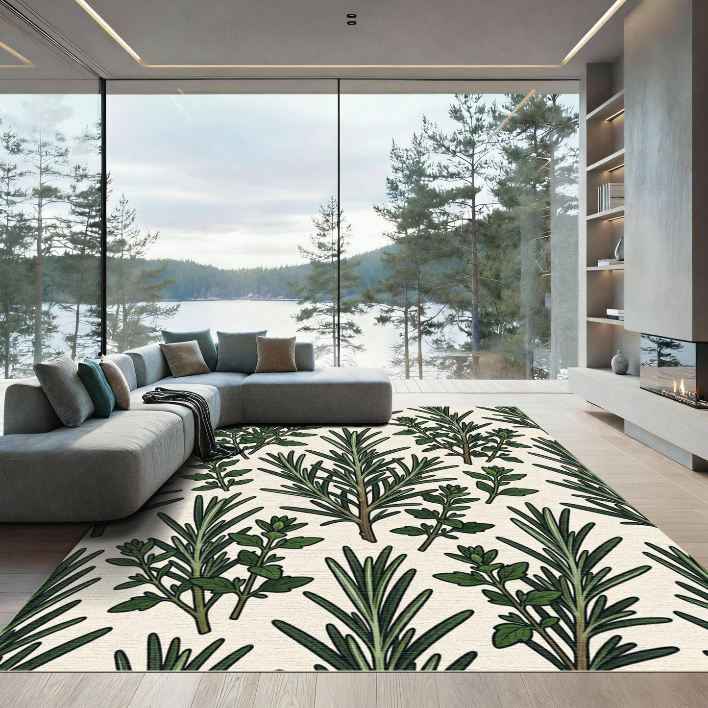 Green Rosemary Thyme Botanical Arrangement Rug