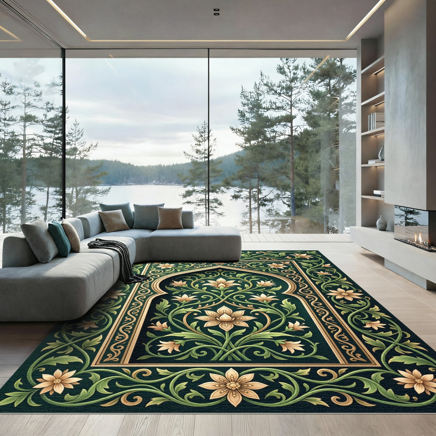 Elegant Emerald Gold Floral Arched Art Rug