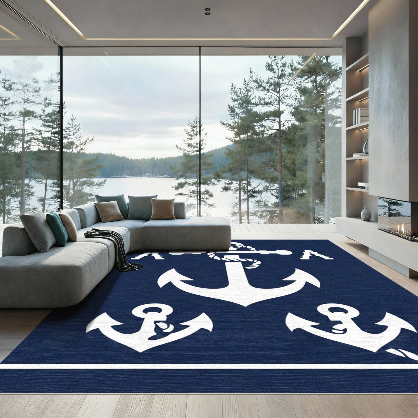 White Anchor Nautical Navy Rug