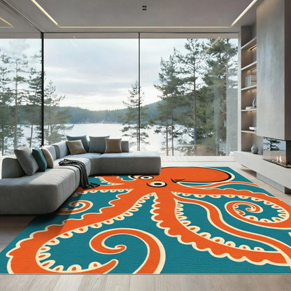 Orange Octopus Teal Swirl Rug