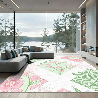Pink Green Floral Patchwork Quilted Rug