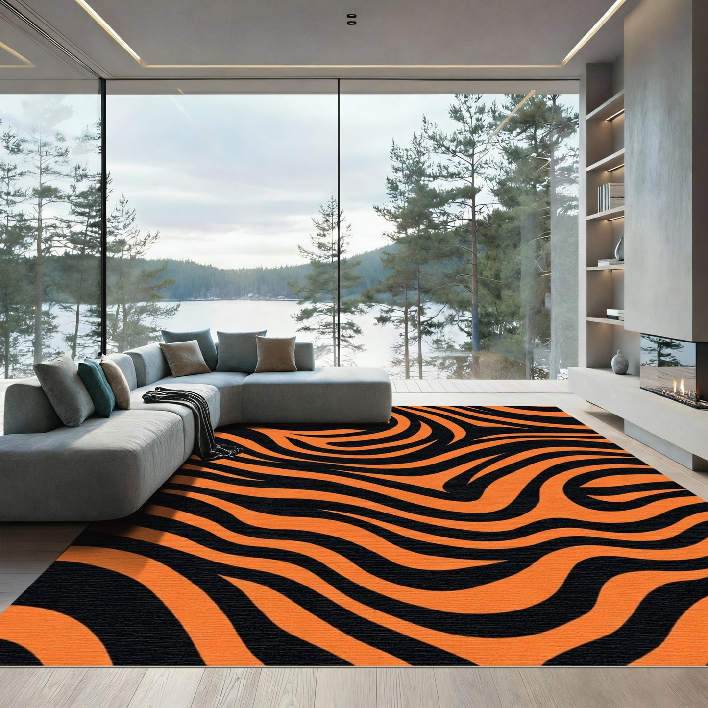 Bold Orange Black Wavy Stripes Rug
