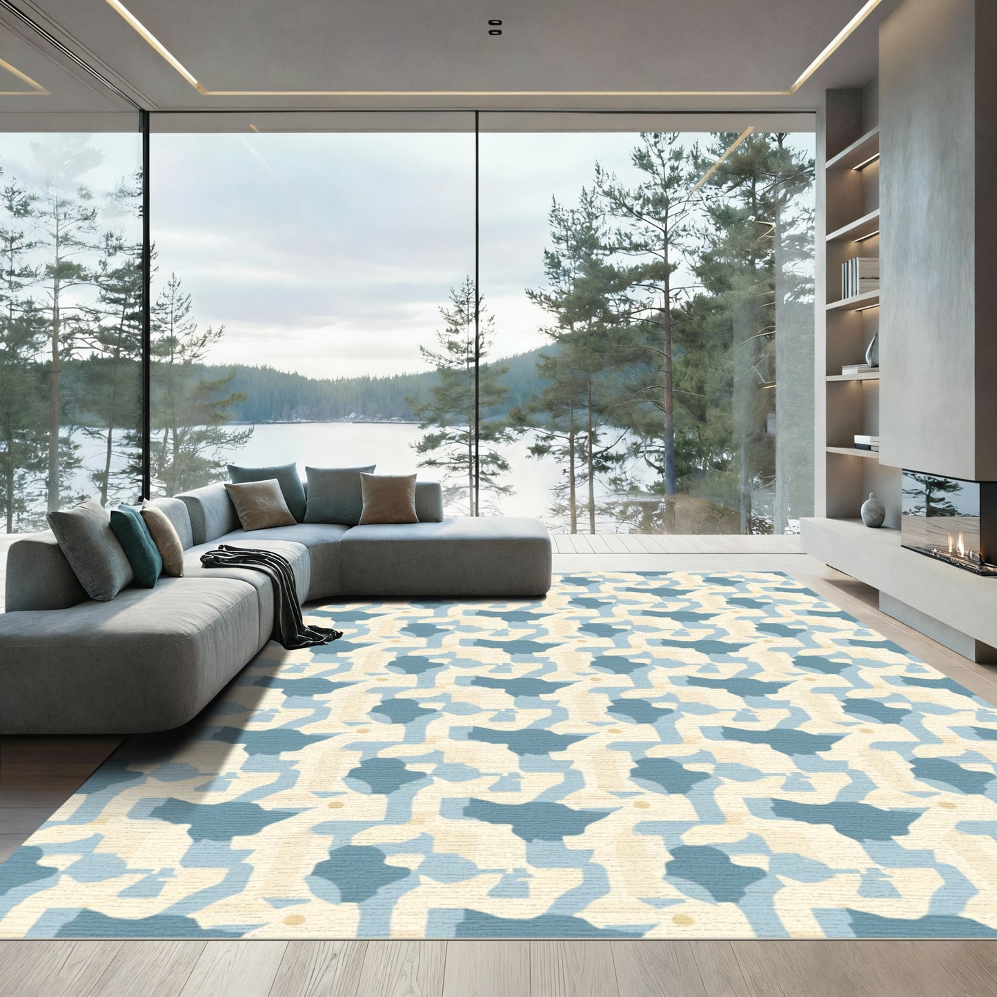Abstract Blue and Cream Geometric Lattice Rug