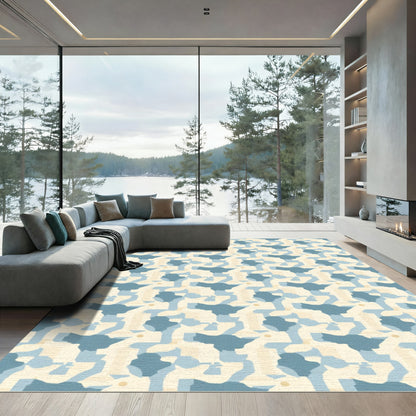 Abstract Blue and Cream Geometric Lattice Rug