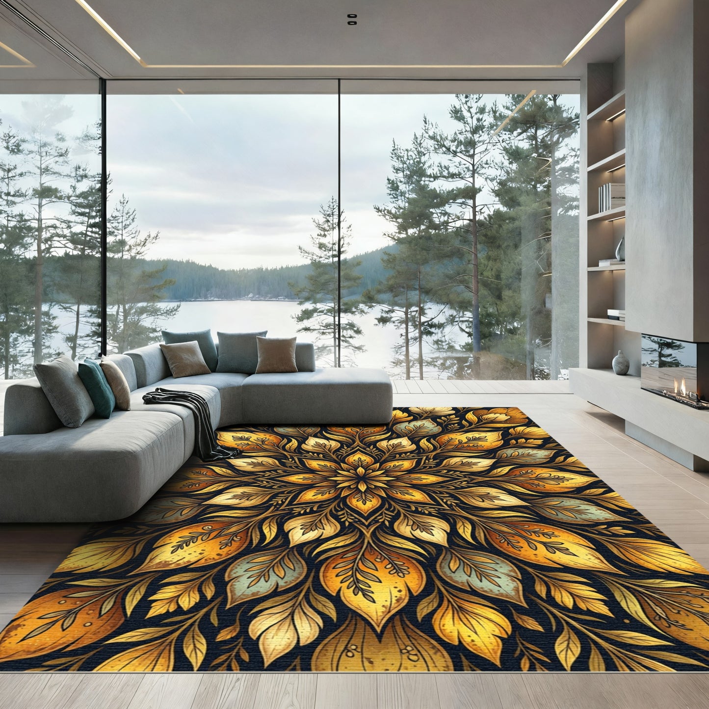 Golden Floral Leaf Symmetry Medallion Rug
