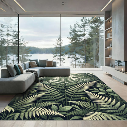 Lush Green Botanical Tropical Fern Impression Rug