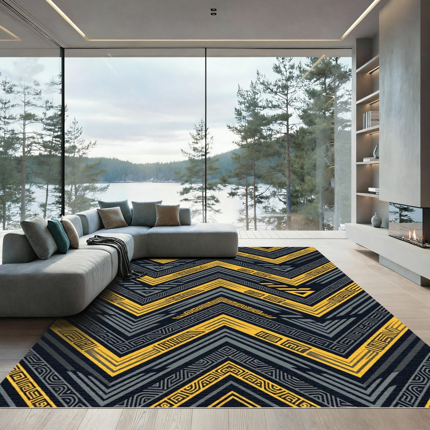 Bold Golden Zigzag Geometric Charcoal Texture Rug