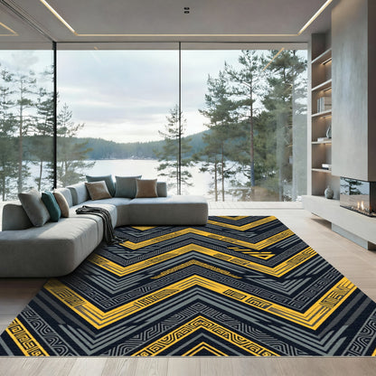 Bold Golden Zigzag Geometric Charcoal Texture Rug