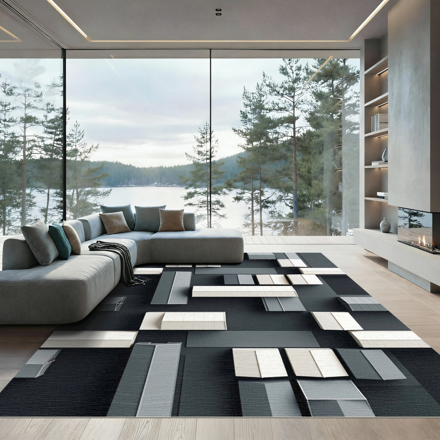 Modern Geometric Architectural Buildings Rug