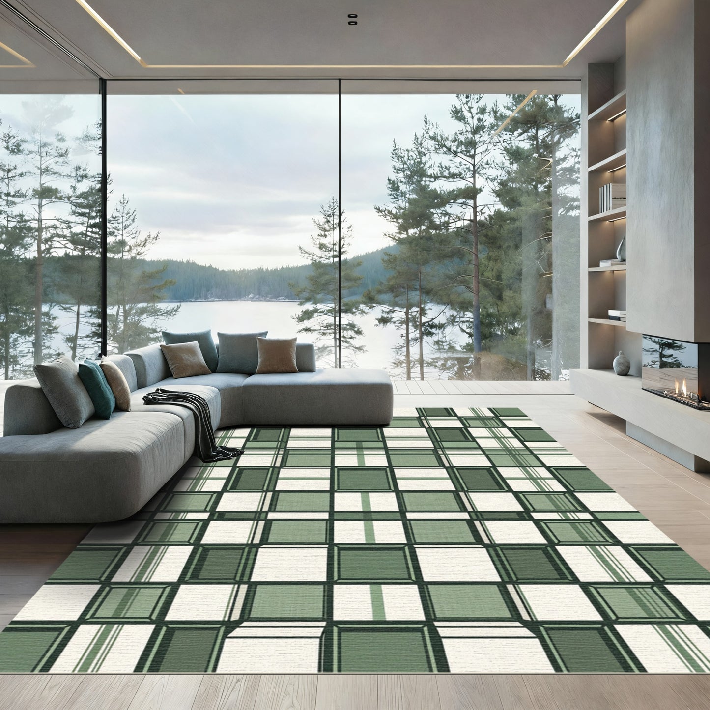 Sage Green Dimensional Plaid Boxes Rug