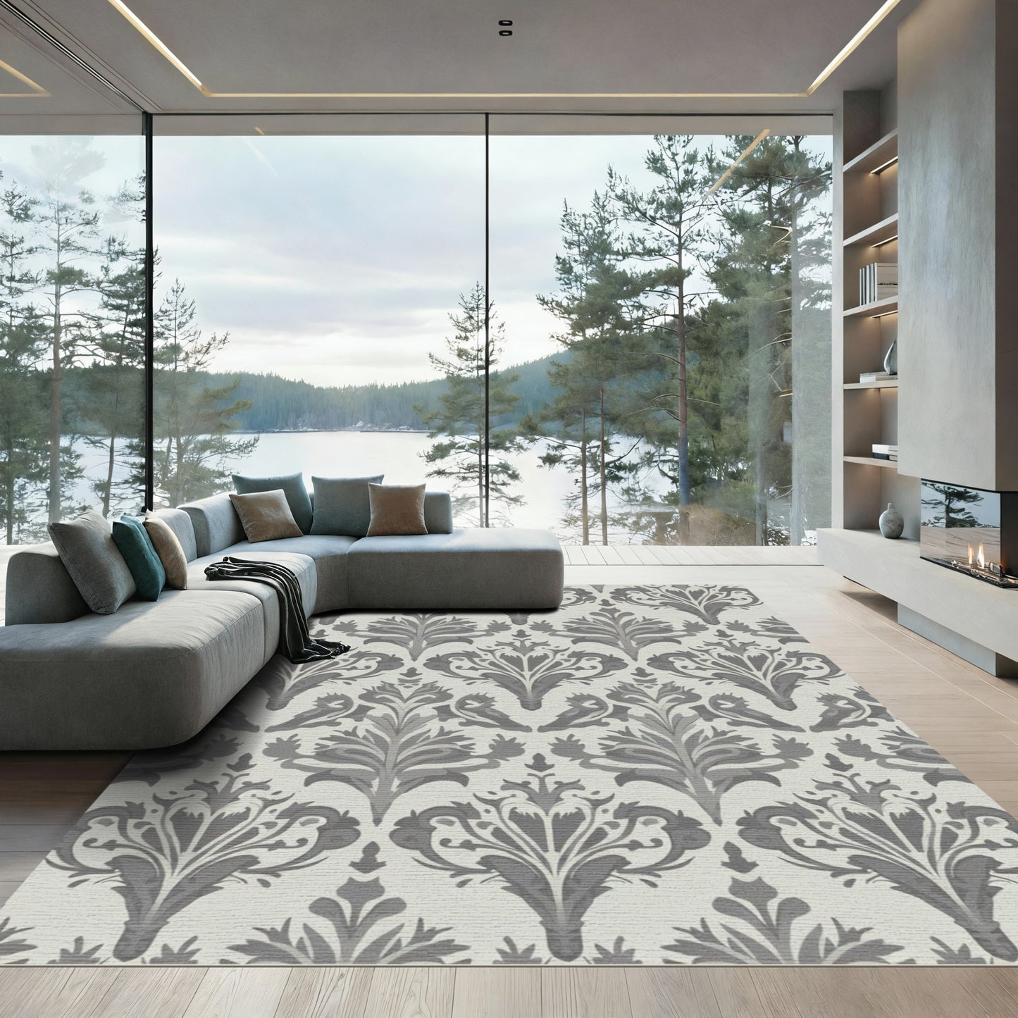 Elegant Gray Damask Floral All-Over Rug