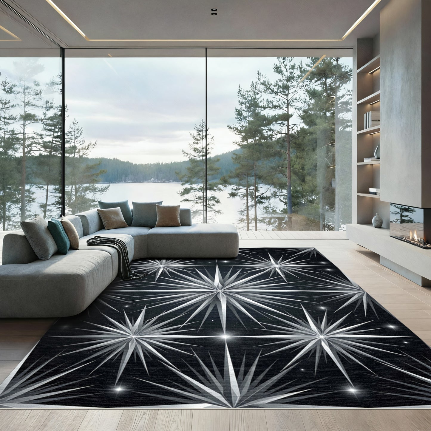 Monochrome Celestial Starburst Geometric Art Rug