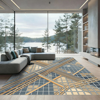 Modern Architectural Geometric Gold Slate Grid Rug