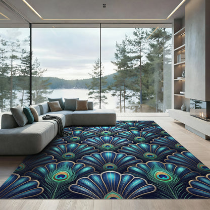 Art Deco Blue Peacock Feather Fan Rug