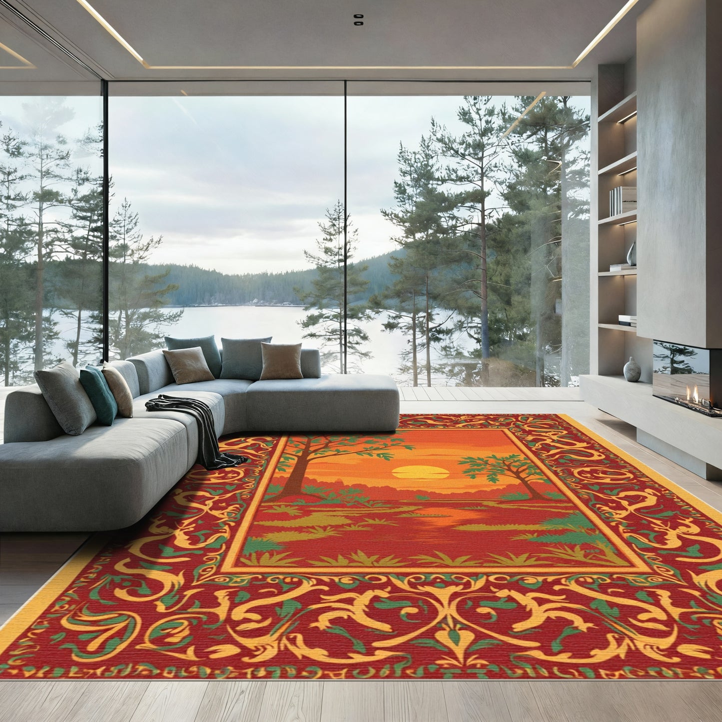 Sunset River Landscape Ornate Border Rug
