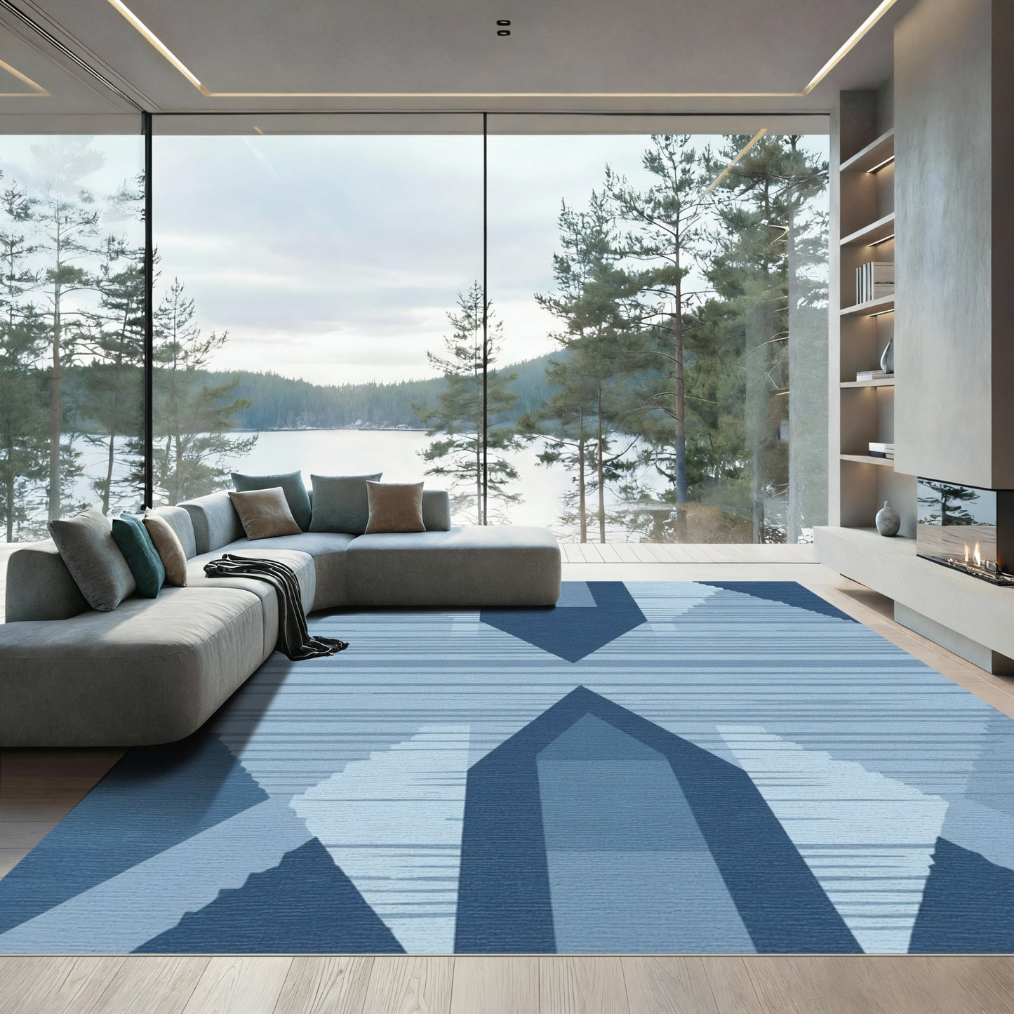 Symmetrical Indigo Geometric Stepped Forms Rug