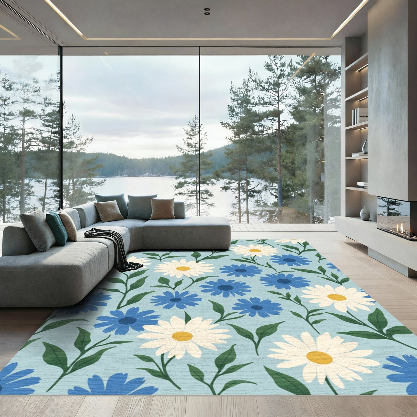 Blue White Daisy Botanical Medley Rug