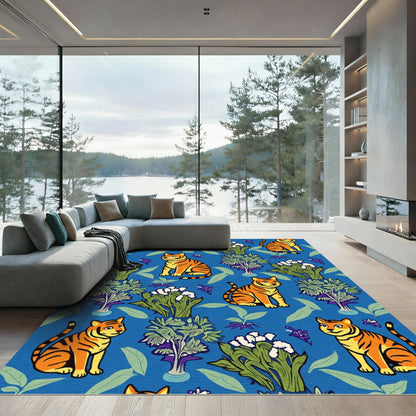 Orange Tiger Botanical Blue Landscape Rug