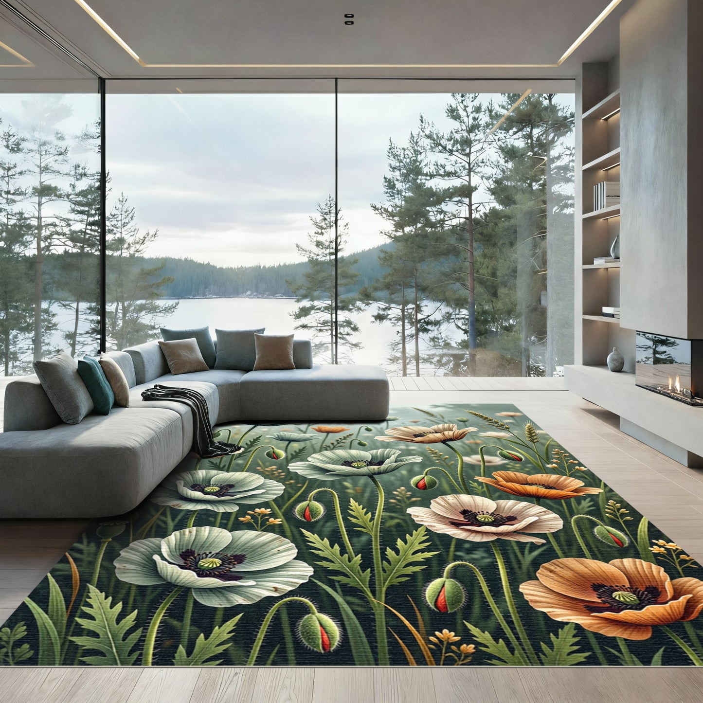 Muted Botanical Poppy Meadow Field Rug