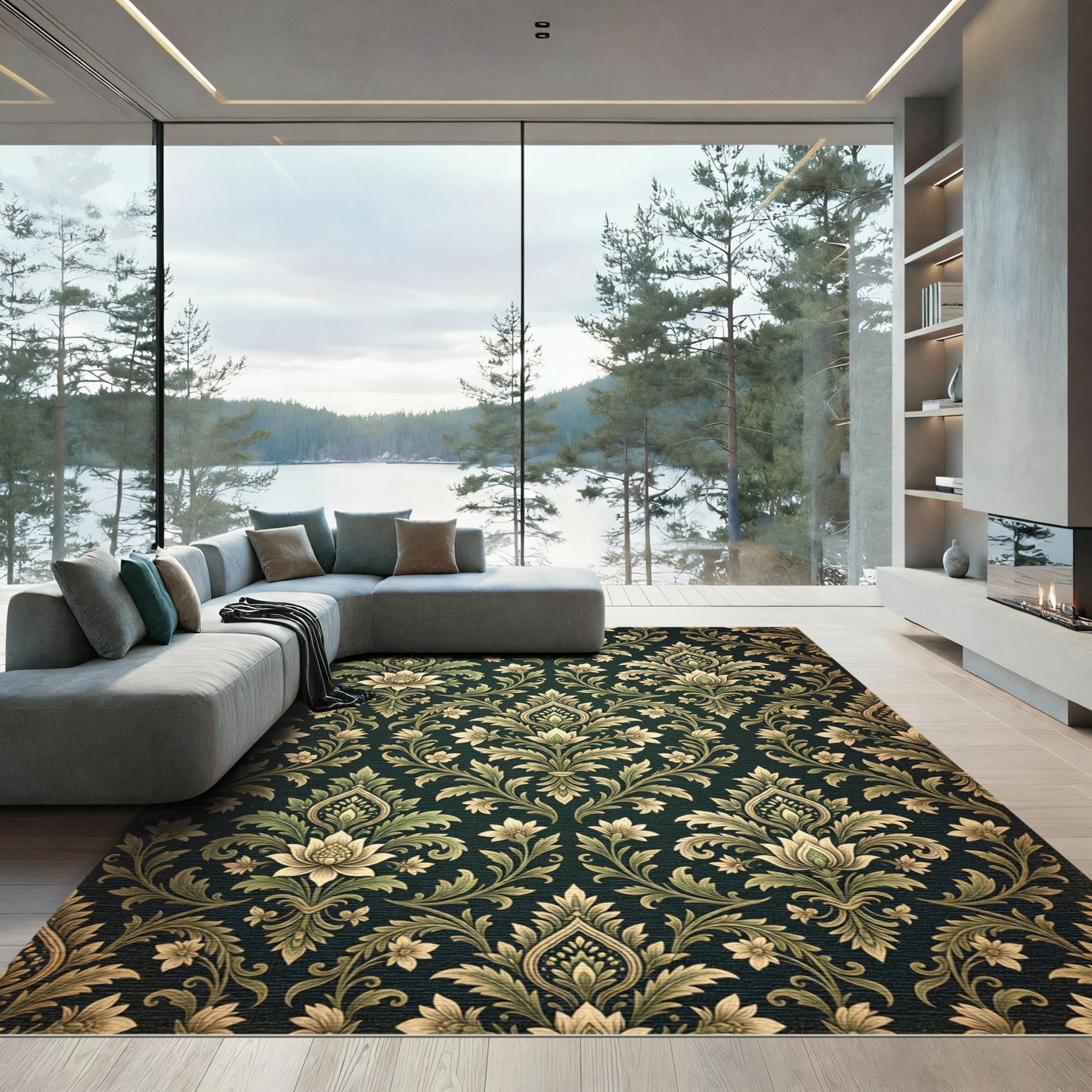 Emerald Green Floral Damask Botanical Art Rug