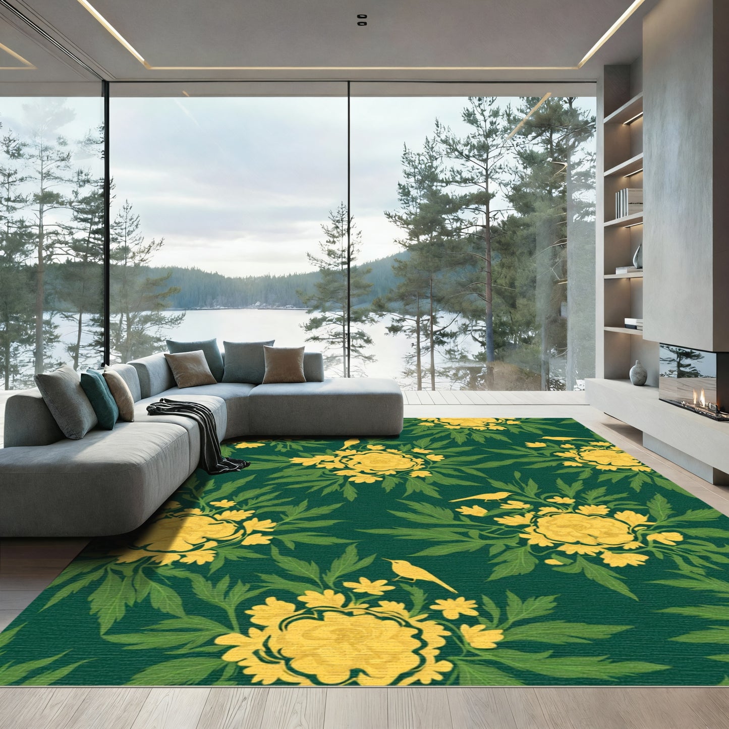 Golden Yellow Floral Birds Emerald Pattern Rug