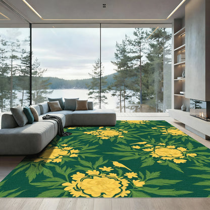 Golden Yellow Floral Birds Emerald Pattern Rug