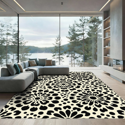 Cream Black Floral Dotted Medallion Rug