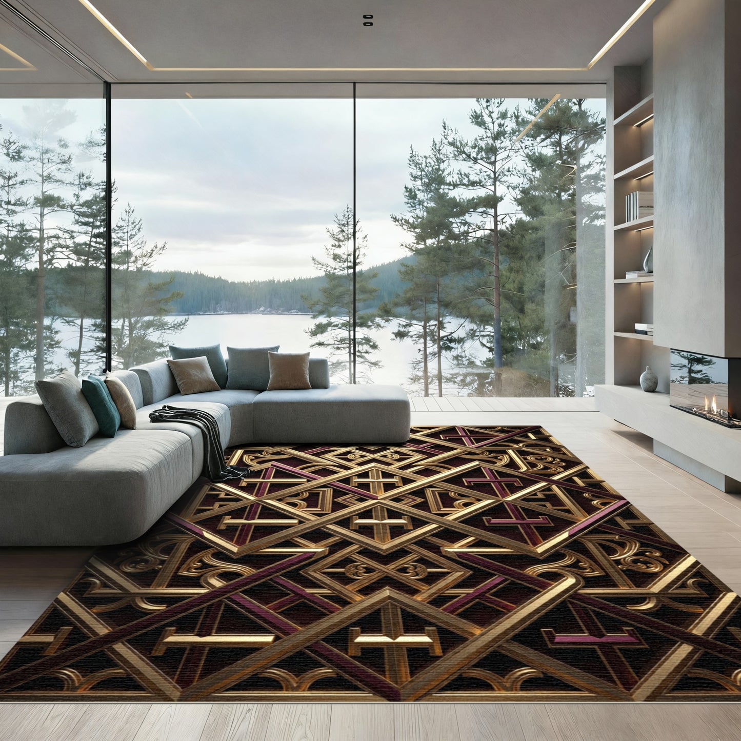 Gold Burgundy Geometric Art Deco Intricate Rug