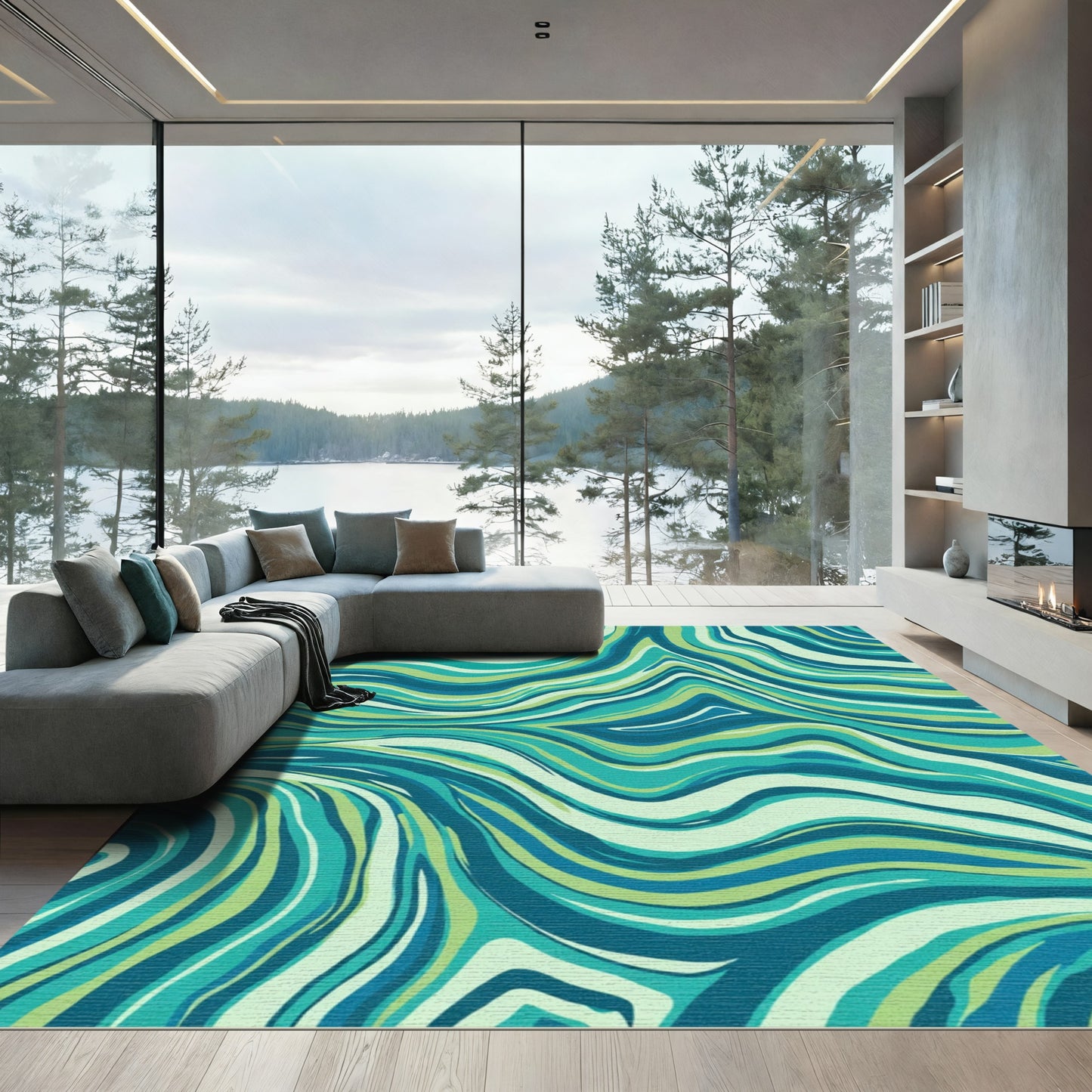 Deep Teal Swirled Abstract Rug
