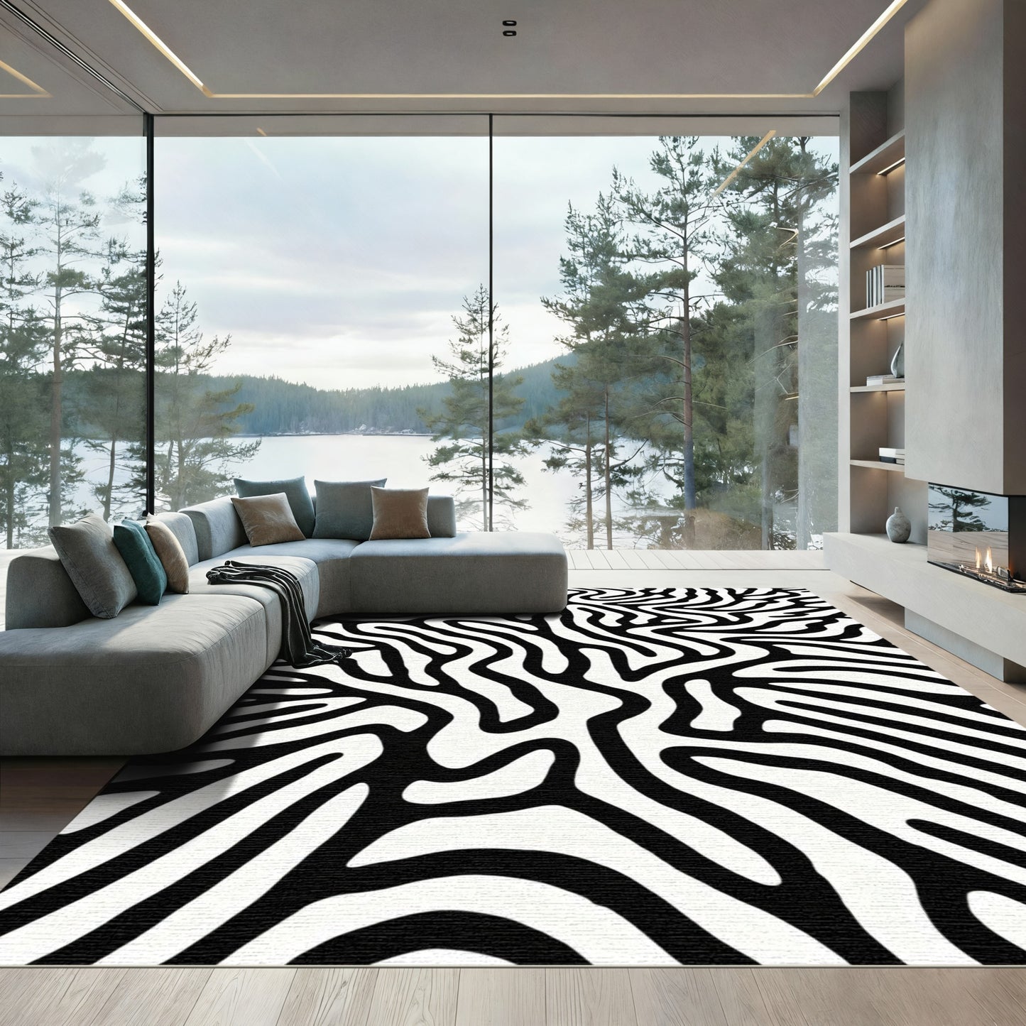 Bold Black White Wavy Stripes Rug