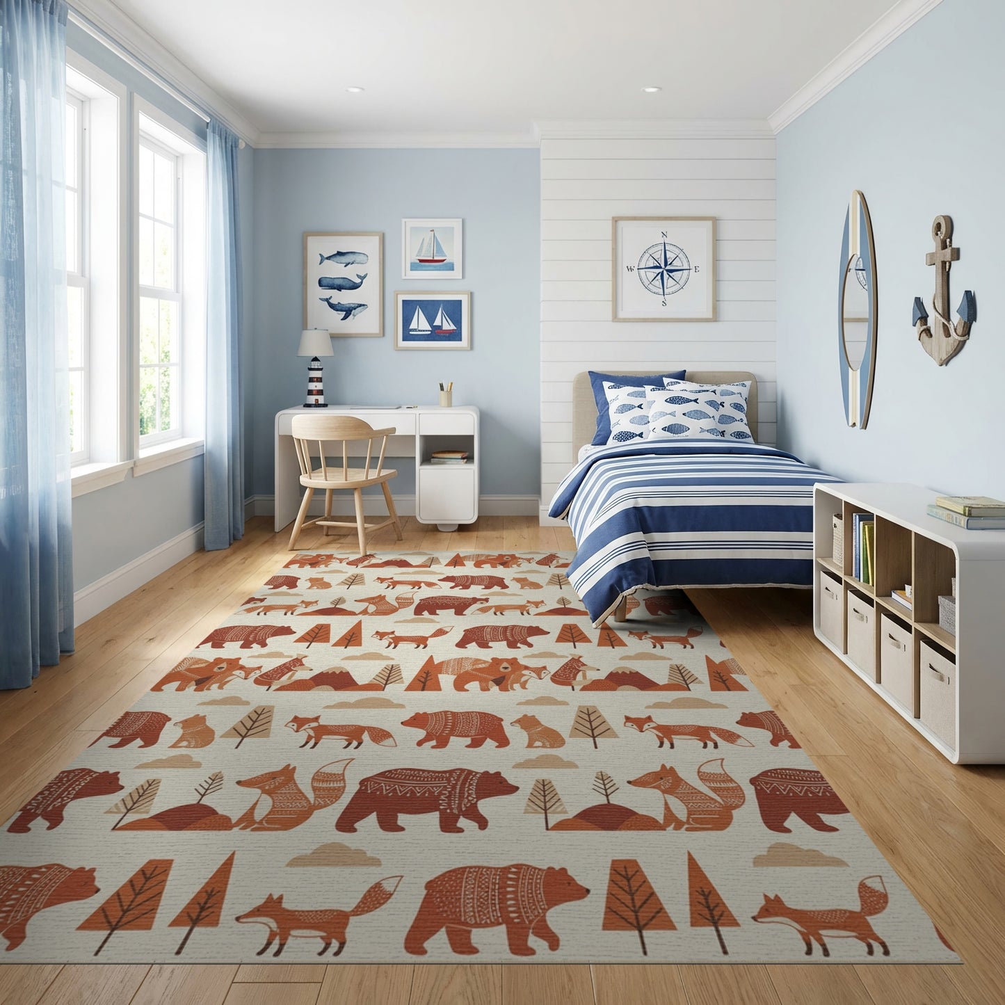 Whimsical Rust Fox Bear Forest Rug