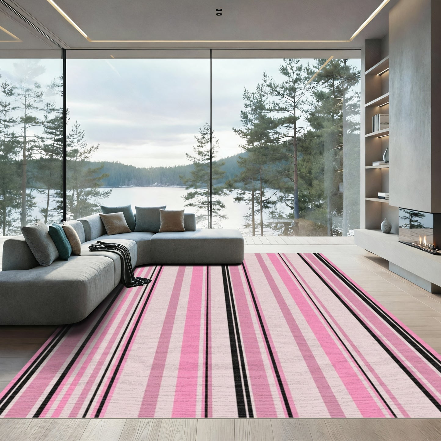 Pink Black Vertical Stripe Mix Rug