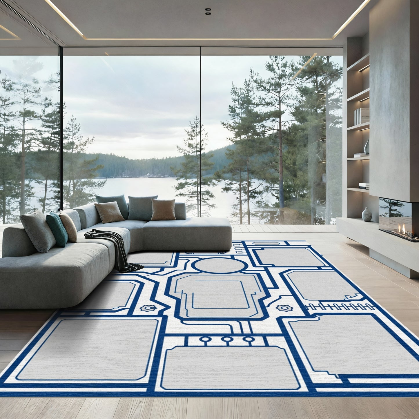 Geometric Blueprint Technology Abstract Rug