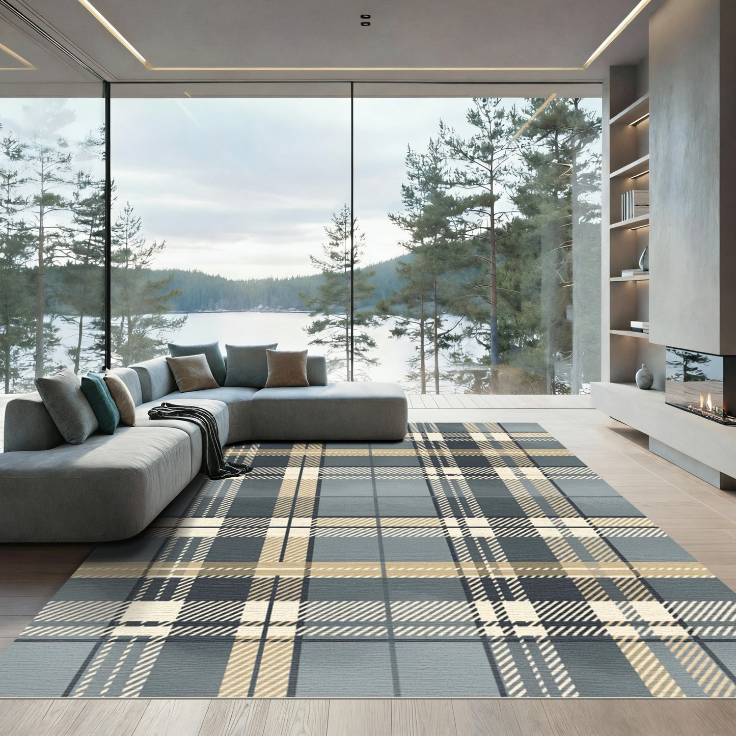Earthy Tan Gray Plaid Blanket Stitch Rug