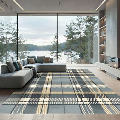 Earthy Tan Gray Plaid Blanket Stitch Rug