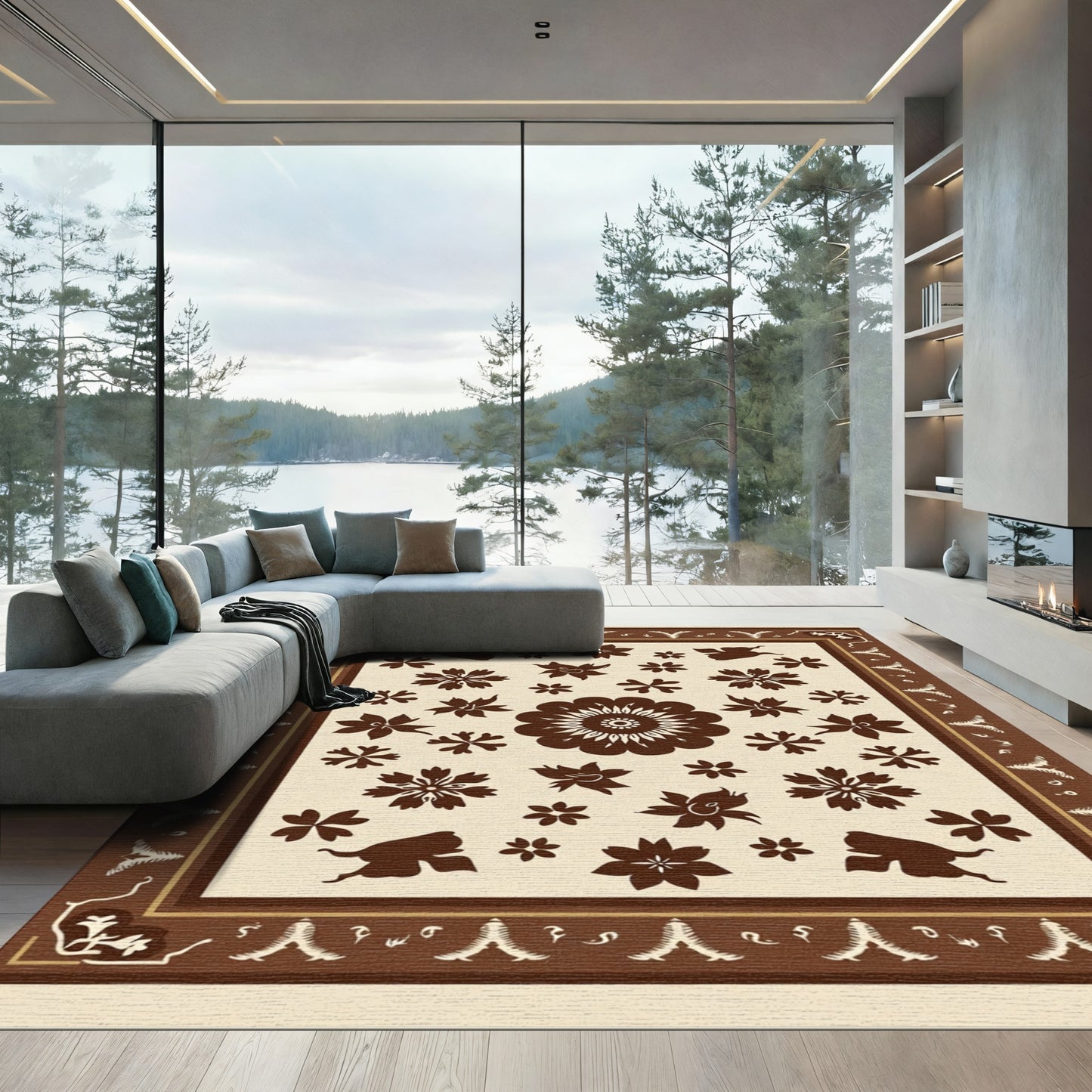 Brown Cream Floral Medallion Garden Rug