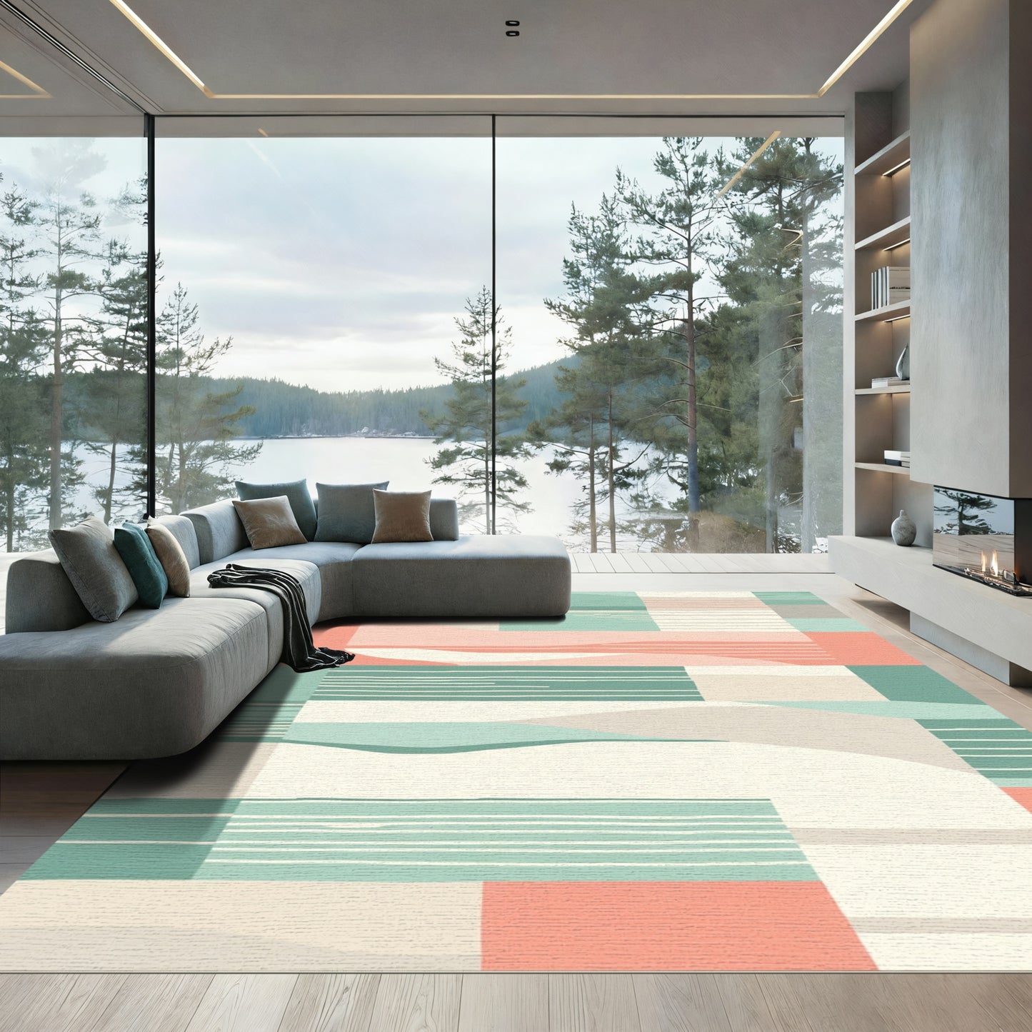 Abstract Coral Sage Landscape Blocks Rug