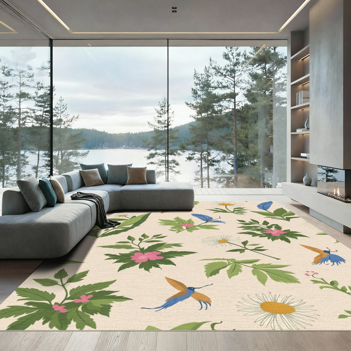 Whimsical Floral Birds Butterflies Meadow Rug