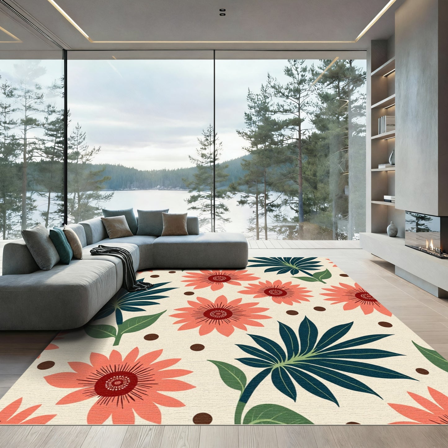 Coral Daisy Botanical Cream Rug