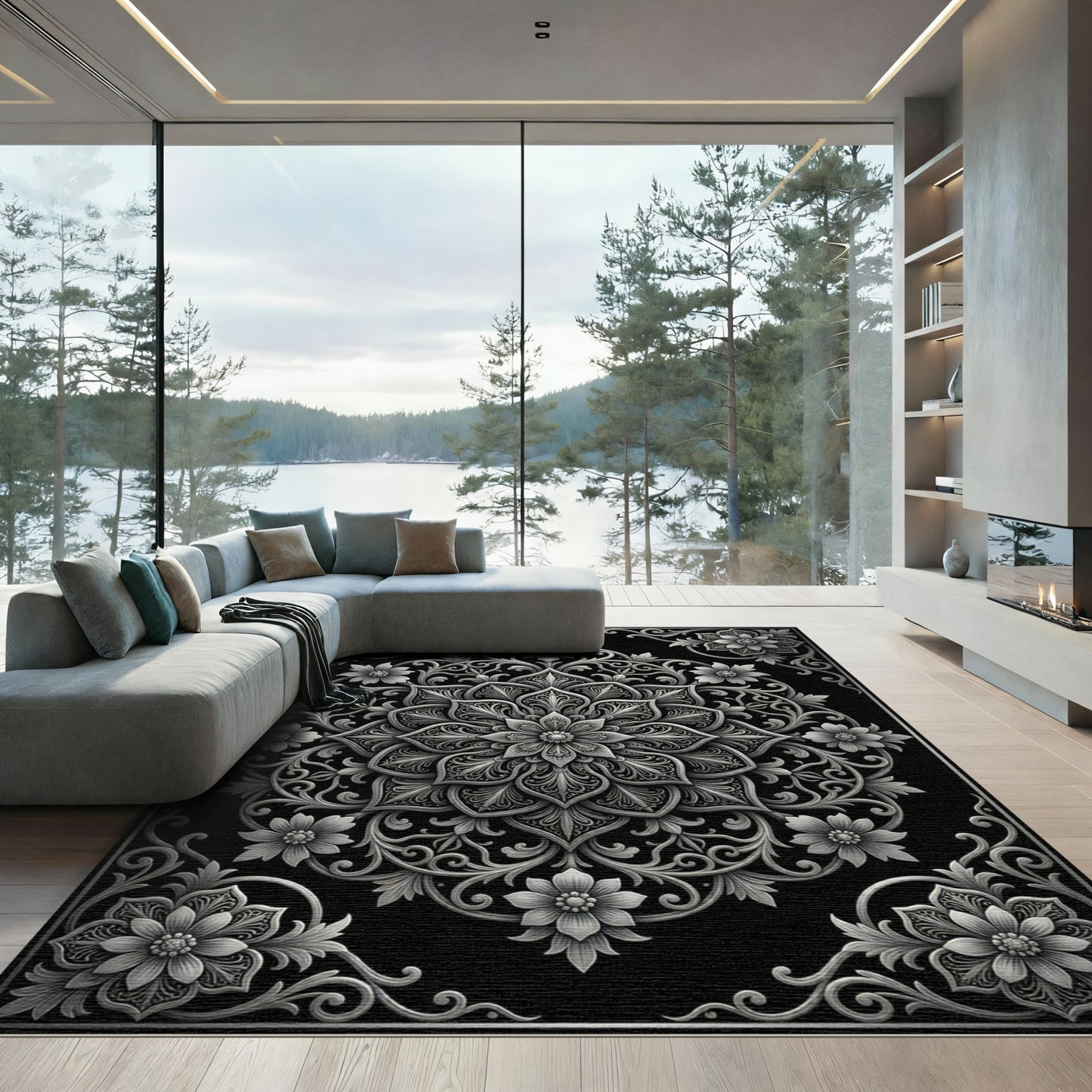 Monochrome Filigree Floral Medallion Rug