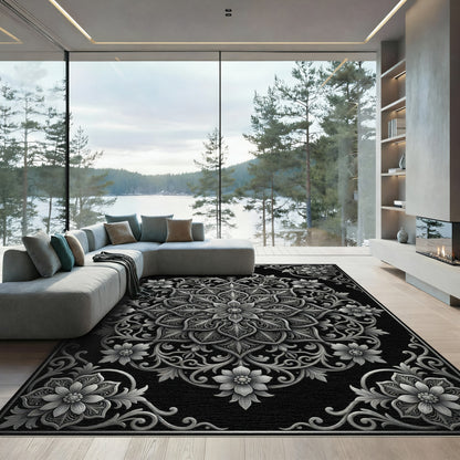 Monochrome Filigree Floral Medallion Rug