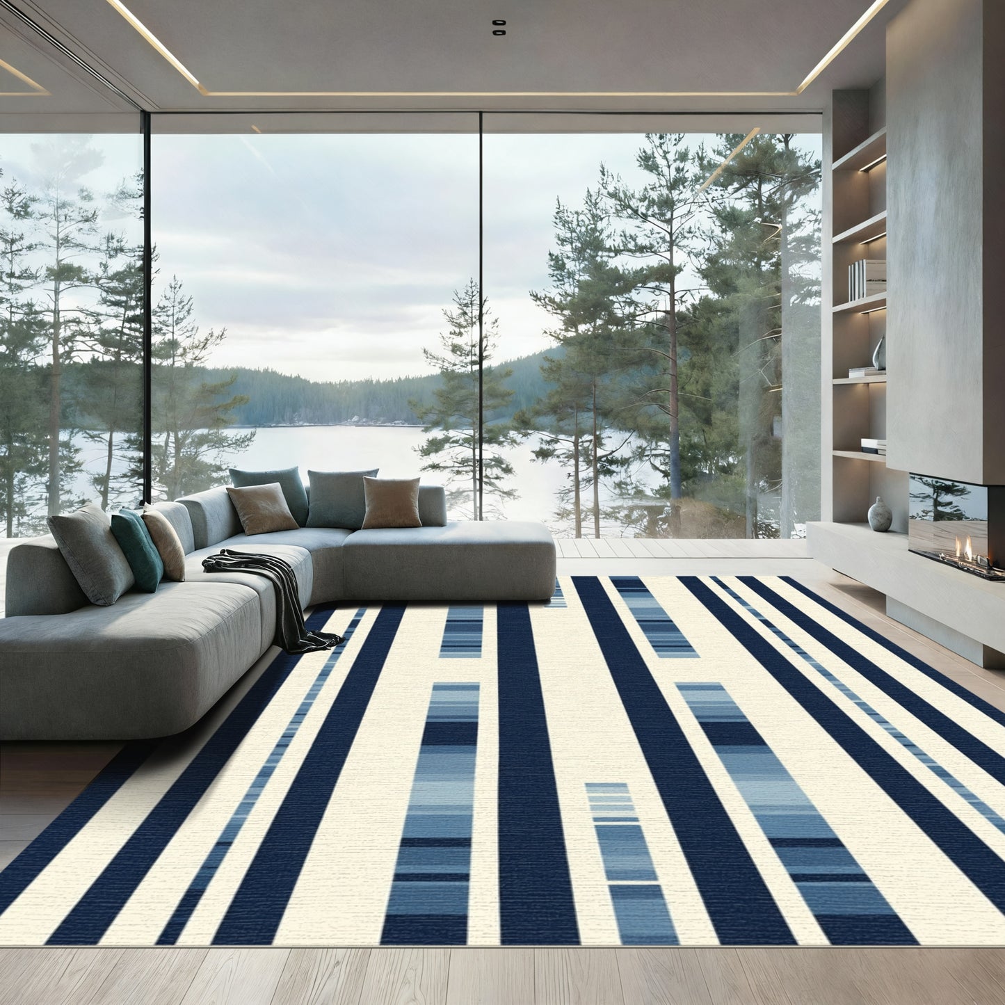 Deep Blue Modern Vertical Stripes Rug