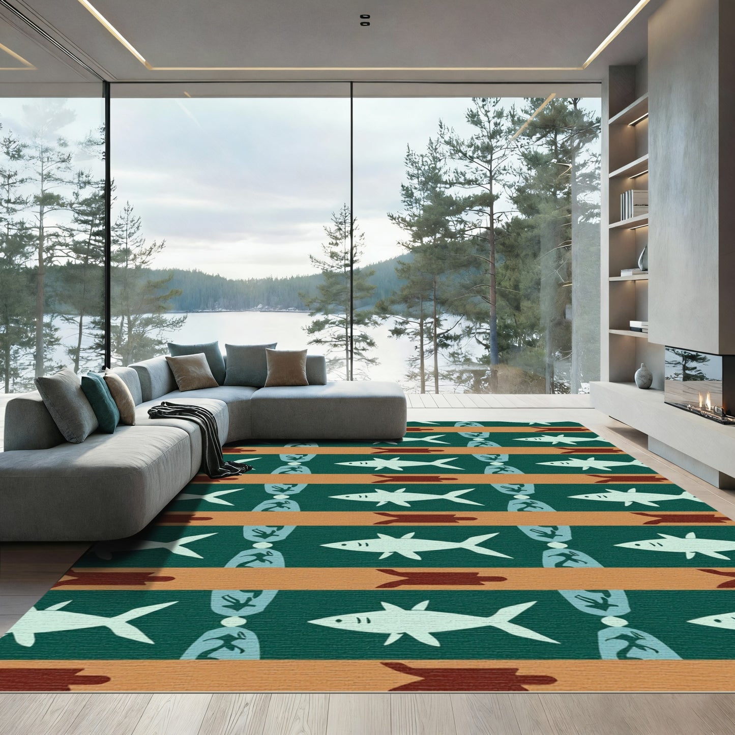 Teal Orange Shark Turtle Stripes Rug