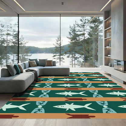 Teal Orange Shark Turtle Stripes Rug
